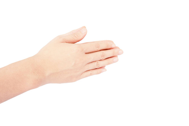 ręka Azjatki w płacy szacunek gest izolowany na białym tle - Zdjęcie, obraz