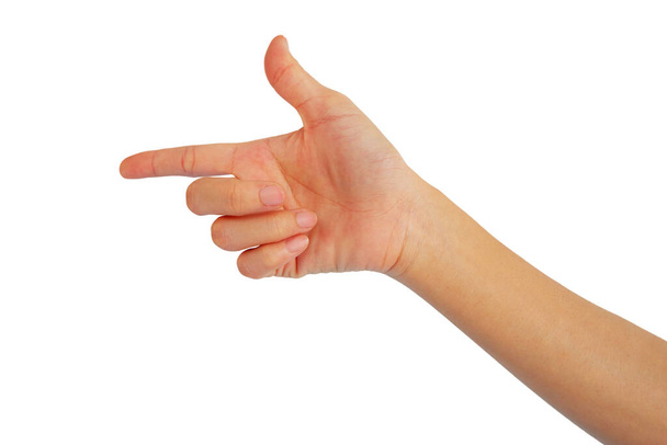 χέρι της γυναίκας είναι να δείξει δεξιά σωστή χειρονομία απομονώνονται σε λευκό φόντο - Φωτογραφία, εικόνα