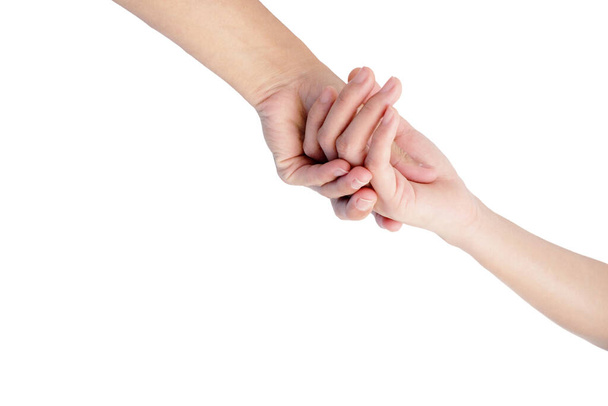 Ręka mężczyzny i kobiety trzymają się za ręce, by pokazać miłość odizolowaną na białym tle - Zdjęcie, obraz