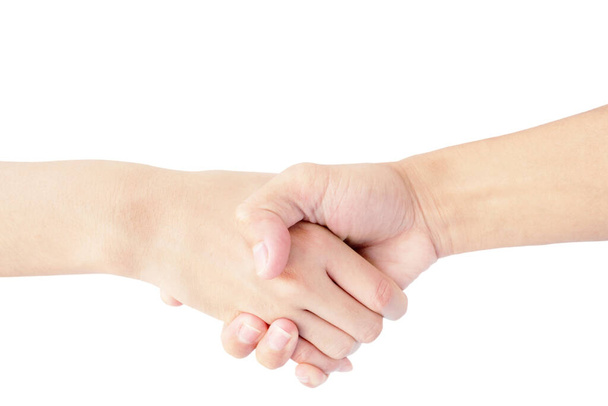 main de l'homme et la femme tremble main ensemble isolé sur fond blanc - Photo, image