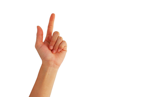 hand van aziatische vrouw is show up show wijsvinger omhoog dat correct of punt omhoog geïsoleerd op witte achtergrond - Foto, afbeelding