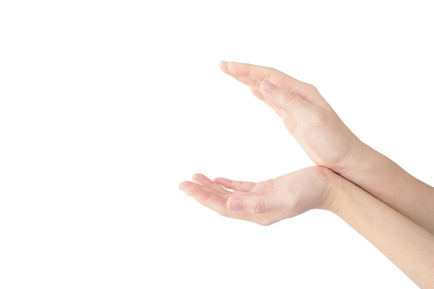 Рука показує жести, як рот, щоб зіштовхнути щось ізольоване на білому тлі
 - Фото, зображення