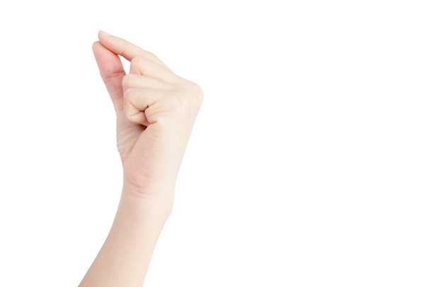 mão de mulher asiática pegar pequena coisa isolada no fundo branco
 - Foto, Imagem