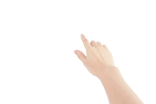 Рука азіатки простягає руку і натискає кнопку, виділену на білому фоні. - Фото, зображення
