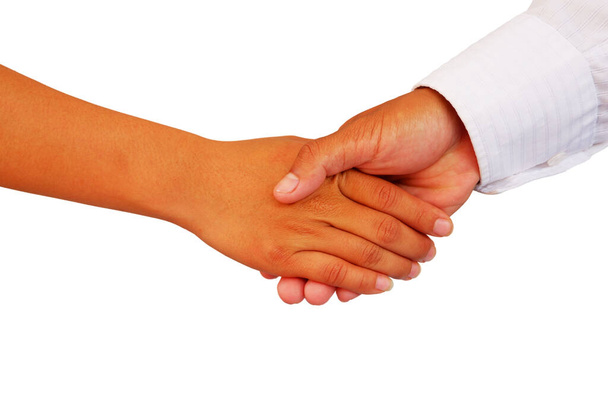 obě ruce gesto je potřást rukou obchodníka s podnikatelkou izolované na bílém pozadí - Fotografie, Obrázek