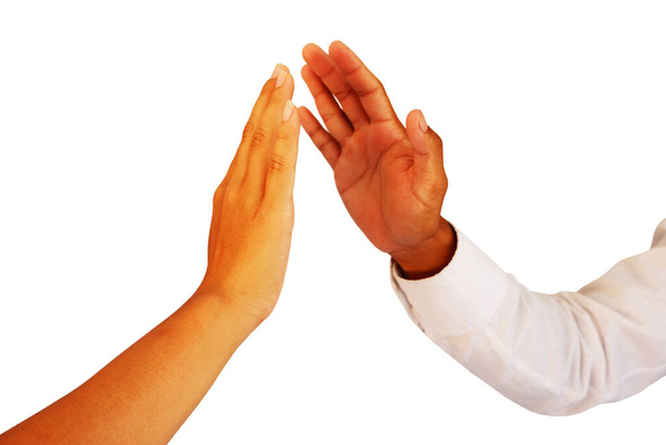 ambos gesto mão é mostrar "dê-me cinco" gesto isolado no fundo branco
 - Foto, Imagem