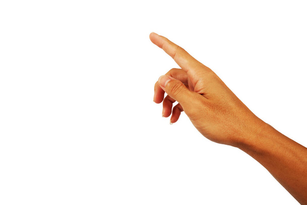 mostrar la mano del hombre con el dedo índice para el punto y prensa aislada sobre fondo blanco
 - Foto, imagen