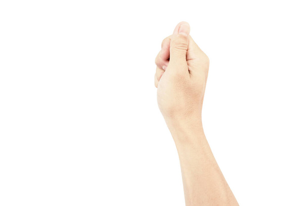 mostrar la mano del hombre en el gesto mantenga la tarjeta o anotar papel aislado sobre fondo blanco
 - Foto, Imagen