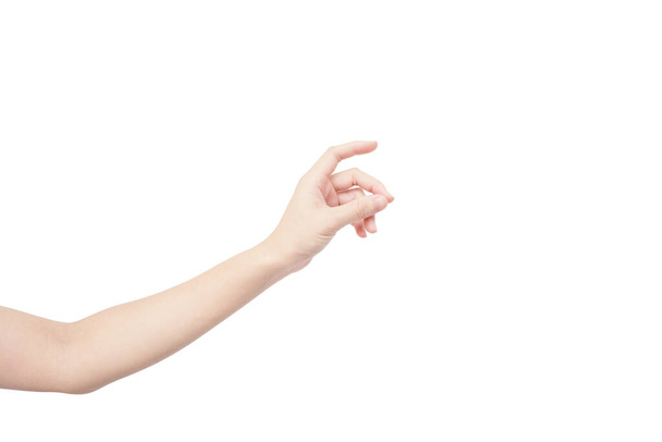 Beyaz arka planda izole edilmiş işaret parmağıyla dokunan Asyalı kadının eli. - Fotoğraf, Görsel