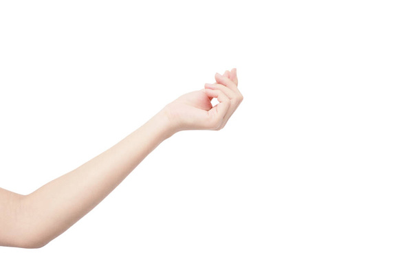 hand van Aziatische vrouw in show hand met arm gebaar geïsoleerd op witte achtergrond - Foto, afbeelding