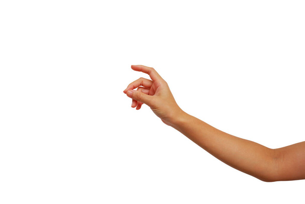 kéz ázsiai nő érintkezés gesztus valami által mutatóujj elszigetelt fehér háttér - Fotó, kép