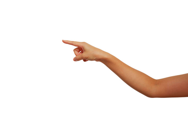 mano de mujer asiática en gesto de prensa por el dedo índice para pulsar botón o interruptor aislado sobre fondo blanco
 - Foto, imagen