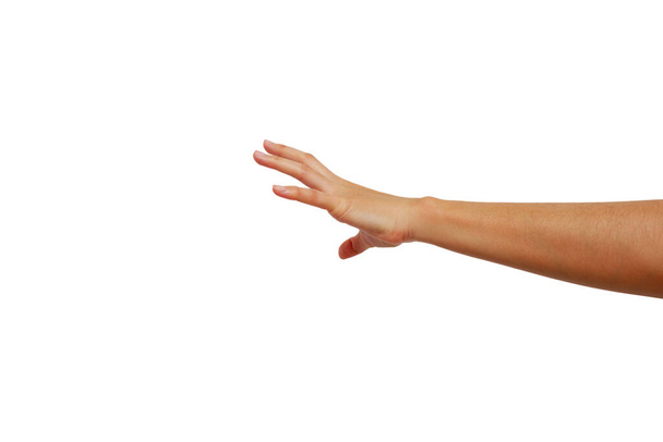 links hand van aziatische vrouw tonen is bereiken gebaar geïsoleerd op witte achtergrond - Foto, afbeelding