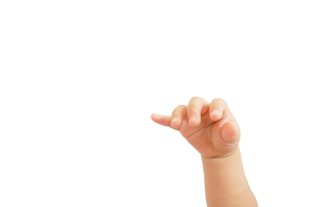 El gesto de la mano del bebé con 10 meses de edad es la captura o tomar algo aislado sobre fondo blanco
 - Foto, Imagen