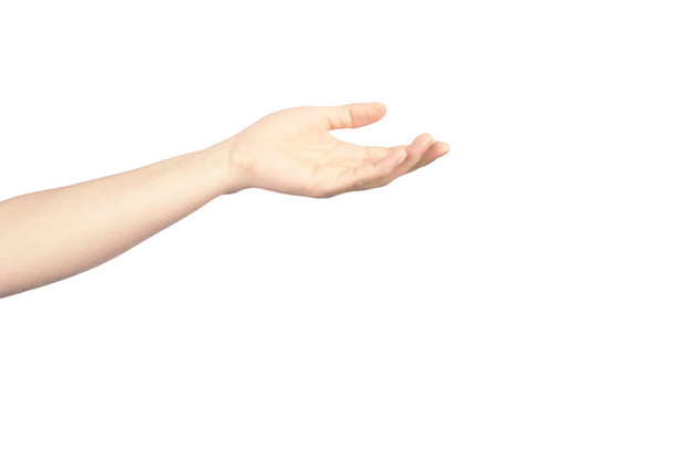 Hand der Frau greift nach Geben isoliert auf weißem Hintergrund - Foto, Bild