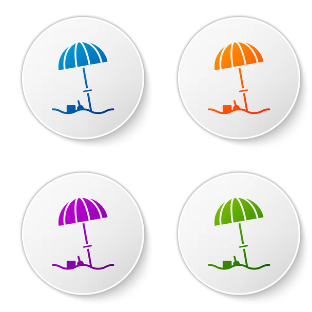 Barva Sluneční ochranný deštník pro ikonu pláže izolované na bílém pozadí. Velký slunečník pro venkovní prostor. Plážový deštník. Nastavit ikony v kruhových tlačítcích. Vektorová ilustrace. - Vektor, obrázek