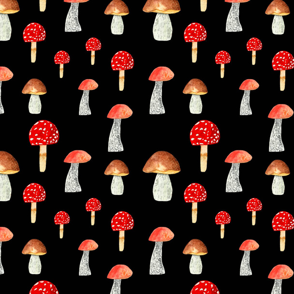 Watercolor pattern of forest autumn mushrooms seamless on a black background - Photo, Image