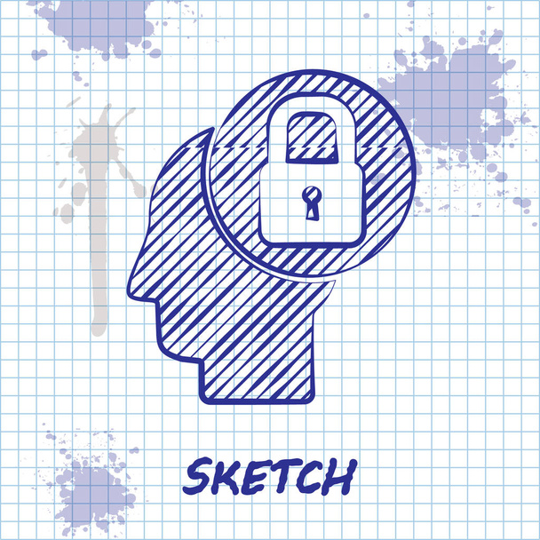 Sketch line Tête humaine avec icône de verrouillage isolée sur fond blanc. Illustration vectorielle. - Vecteur, image