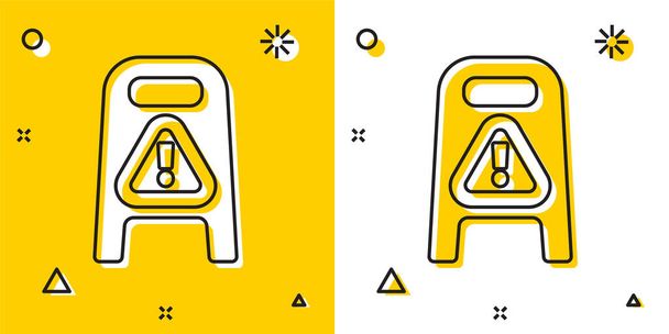Fekete Nedves padló és tisztítás folyamatban ikon elszigetelt sárga és fehér alapon. Takarítási szolgáltatás koncepció. Véletlenszerű dinamikus formák. Vektorillusztráció. - Vektor, kép