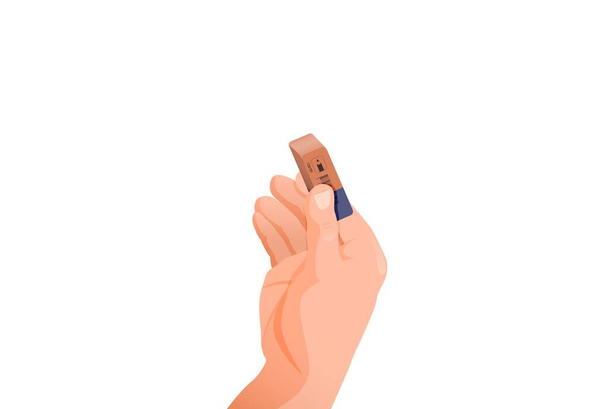 Hand holds an eraser. Erasing unnecessary information with blue red eraser cleaning up. - Vector, Image