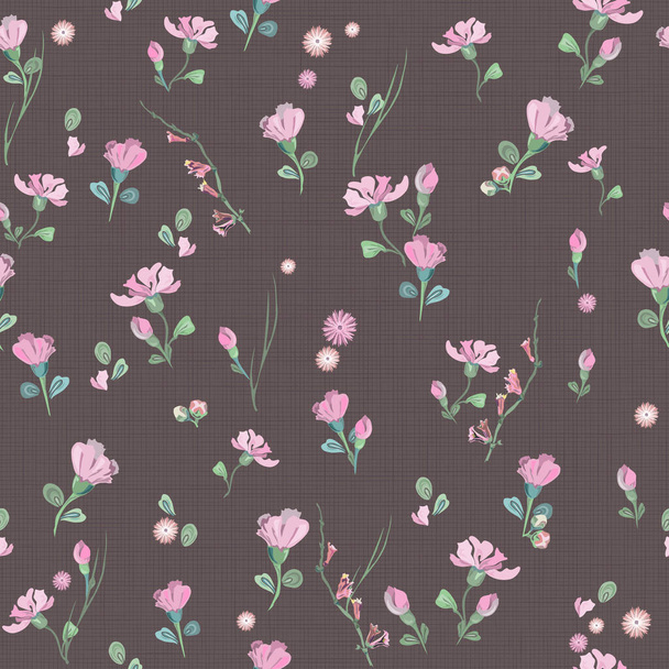 花模様に小さなピンクの花と蕾をバーガンディの背景に質感を持たせています。ランダムに配置されたかわいい植物要素とシームレスなベクトル。繊維、壁紙、タイルの場合 - ベクター画像
