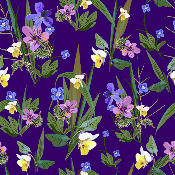 Bright floral abstract seamless vector isolated pattern. Trendy art style on a dark blue background. Spring, summer field plants for the design of backgrounds, textiles, wallpaper, postcards, ceramics - Vector, Image