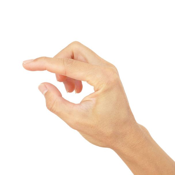 close up hand signal of man in take grab gesture to up isolated on white background - Foto, imagen