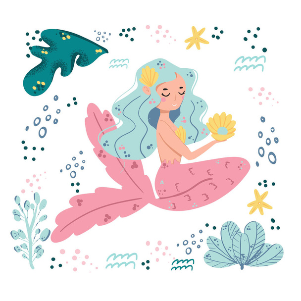 Niedliche Meerjungfrau und aquatische Natur. Niedliche Meeresobjekte Sammlung. Doodle Hand zeichnen, Kinder drucken Meerjungfrau - Vektor, Bild
