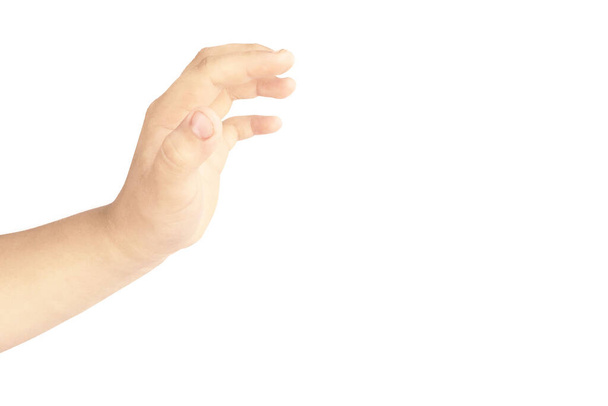 χέρι του λίπους κορίτσι σε χειρονομίες για την εμφάνιση σύμβολο του χεριού απομονώνονται σε λευκό φόντο - Φωτογραφία, εικόνα