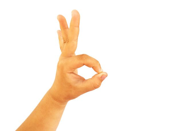 hand van vet meisje in gebaren voor het tonen van symbool van de hand geïsoleerd op witte achtergrond - Foto, afbeelding