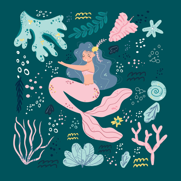 Niedliche Meerjungfrauen und Meerpflanzen. Lustige Comicfiguren und Korallen sind auf Weiß isoliert. Sommer Clipart mit Meerjungfrauen. - Vektor, Bild