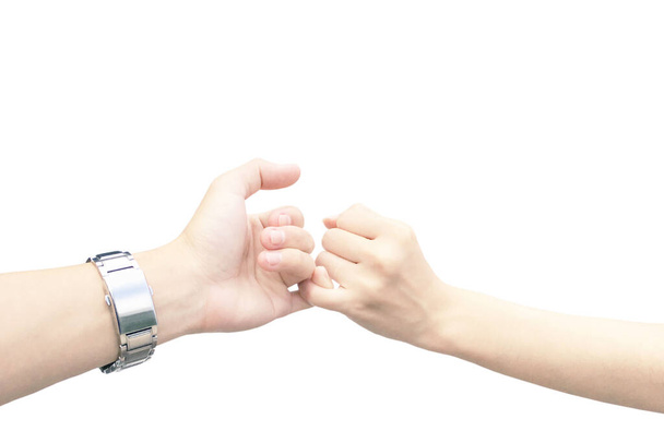 Le geste des mains du couple est sur le point de diviser leurs doigts ensemble sur un fond blanc. - Photo, image