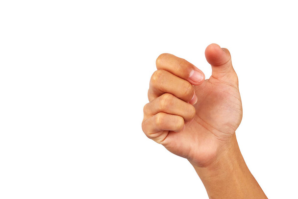 mano del hombre asiático es espectáculo gesto sostener algo aislado sobre fondo blanco
 - Foto, Imagen