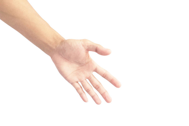 χέρι είναι να φτάσει κάτω σε επαφή χειρονομία που απομονώνονται σε λευκό φόντο - Φωτογραφία, εικόνα