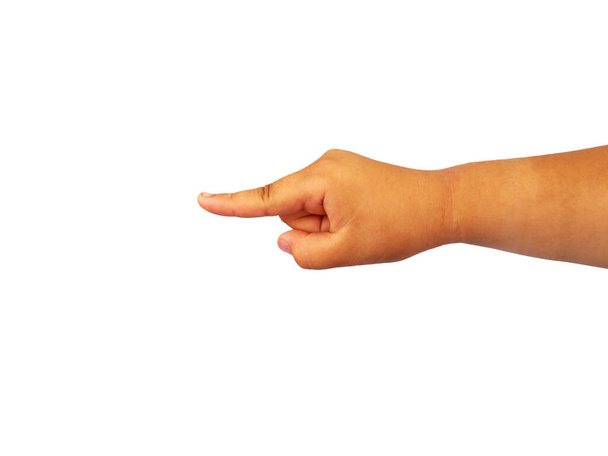 mano de chica gorda en gestos para mostrar símbolo de mano aislada sobre fondo blanco
 - Foto, Imagen