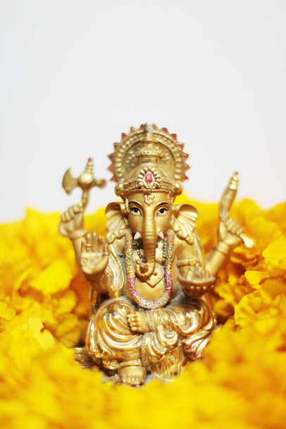 Gold Ganesha patsas jumala on Lord of Success Jumala hindulaisuus Marigold kukkia eristetty valkoisella taustalla. - Valokuva, kuva