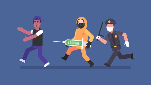 Policeman and man in protective suit with syringe chasing man. Flat people. Vector Illustration - Vector, Image