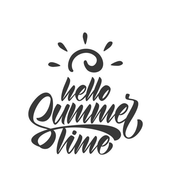 Vector illustration: Brush lettering composition of Hello Summer Time isolated on white background. - Vektör, Görsel