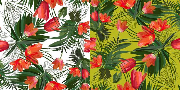花のシームレスな熱帯の明るいベクトル分離ダブルパターンを設定します。白と緑の背景にトレンディなアートスタイル。背景、織物、壁紙の装飾のための暑い、夏のスパイシーな植物 - ベクター画像