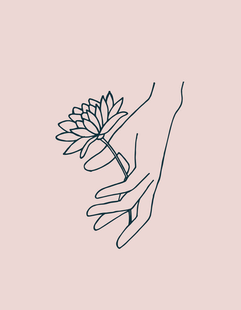 Vektorillustration, Linienzeichnung. weibliche Hand mit Blume isoliert auf rosa Hintergrund. Schönheits- und Körperpflege, Logokosmetik und Parfüms. esoterisches Symbol - Vektor, Bild