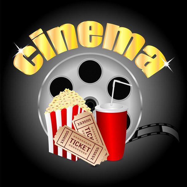 Film mit Popcorn und einem Getränk und Kinokarten. - Vektor, Bild