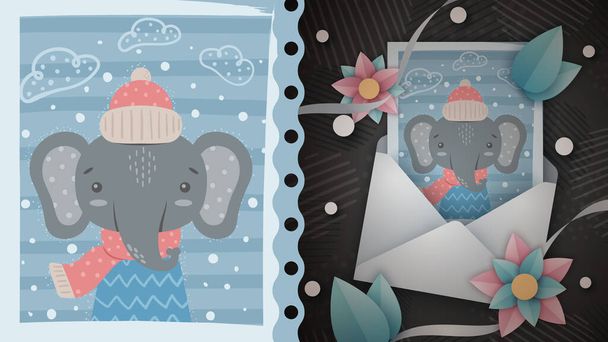 Winter elephant idea for greeting card. - Vektor, Bild