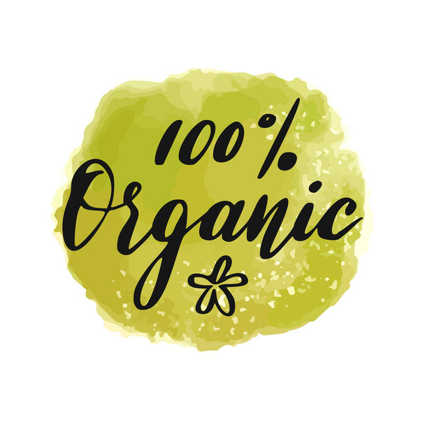 Healthy Organic Food Hand drawn Lettering. Eco Vegan Icon or Badge. Vector Illustration. - Vektör, Görsel