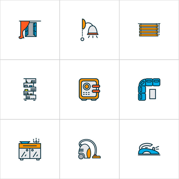 Decor icons colored line set with window, vacuum cleaner, bookshelf and other strongbox elements. Isolated illustration decor icons. - Photo, Image