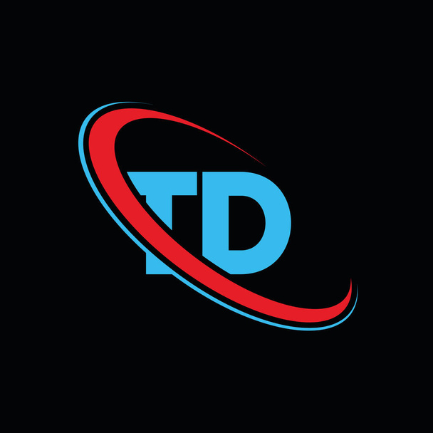 Дизайн логотипу літери TD TD. Початкова літера TD пов'язала коло з логотипом монограми верхнього регістру червоного і синього кольорів. Логотип TD, дизайн TD. td, t d
 - Фото, зображення