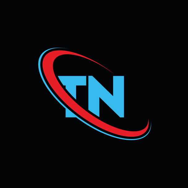 Diseño del logotipo de la letra TN T N. Letra inicial TN círculo vinculado en mayúsculas logotipo monograma rojo y azul. Logotipo TN, diseño T N. tn, t n - Foto, imagen