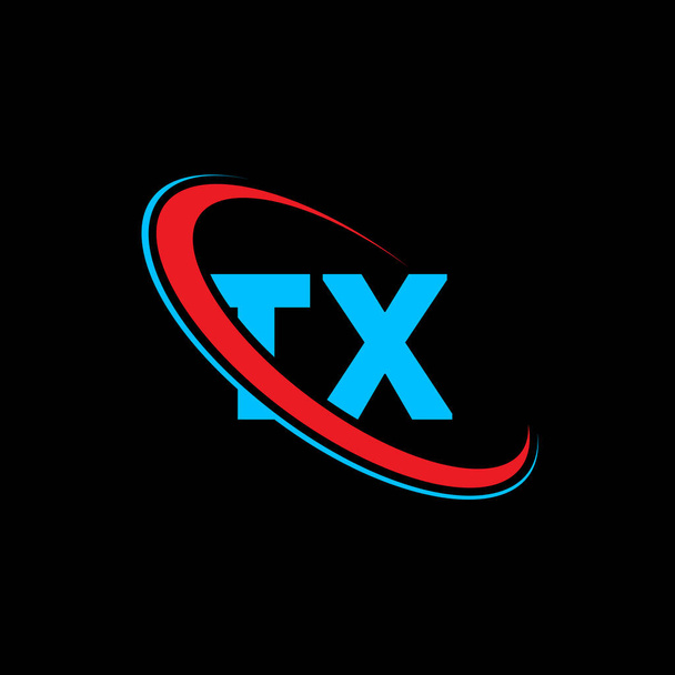 TX T X harfi logo tasarımı. İlk harf TX bağlı daire büyük harfli monogram logo kırmızı ve mavi. TX logosu, T X tasarımı. tx, t x - Fotoğraf, Görsel