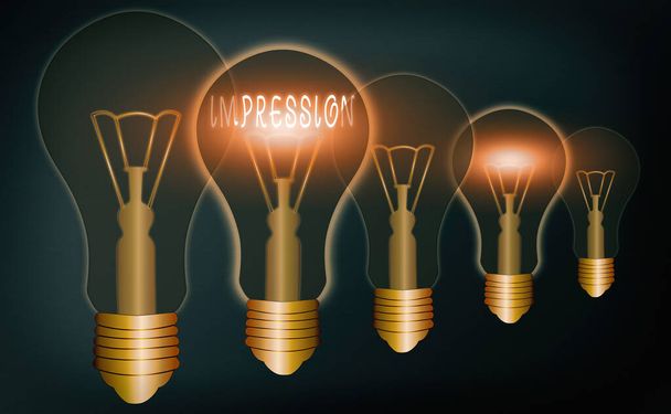 Handwriting text writing Impression. Concept meaning an idea and feeling or opinion about something or someone Realistic colored vintage light bulbs, idea sign solution thinking concept. - Photo, Image