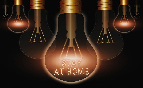 Text sign showing Stay At Home. Conceptual photo movement control restricting individuals from getting exposed publicly Realistic colored vintage light bulbs, idea sign solution thinking concept. - Photo, Image