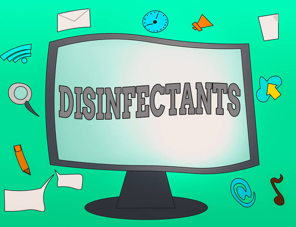 Handwriting text Disinfectants. Concept meaning chemical that destroy vegetative form of harmful microorganism Web Application Software icons Surrounding Blank Mounted Computer Monitor. - Photo, Image
